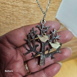 2 Birds in a Silvertone Tree Pendant Necklace